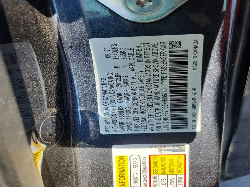 Aukcja sprzedaży 2022 Honda Civic, vin: 2HGFE2F53NH506730, numer aukcji: 68110106