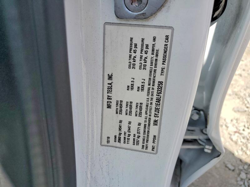 69064566 :رقم المزاد ، 5YJ3E1EA8LF633258 vin ، 2020 Tesla Model 3 مزاد بيع