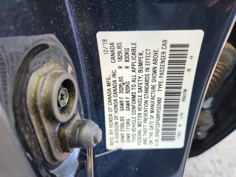 2019 Honda Civic მანქანა იყიდება აუქციონზე, vin: 2HGFC2F6XKH522482, აუქციონის ნომერი: 69419566