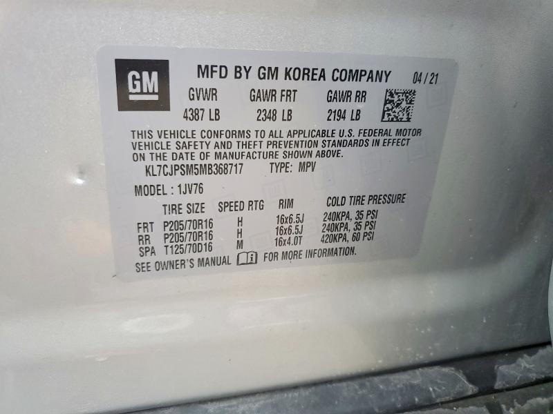 2021 Chevrolet Trax მანქანა იყიდება აუქციონზე, vin: KL7CJPSM5MB368717, აუქციონის ნომერი: 68334136