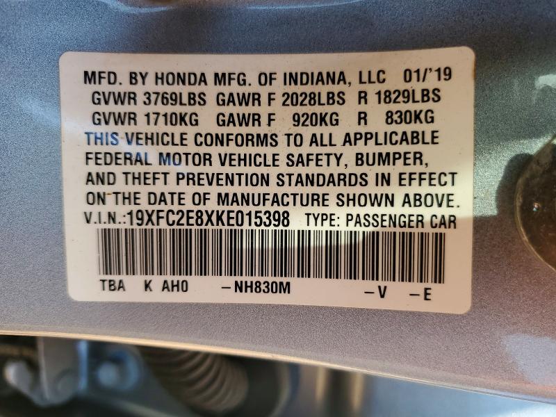 69121846 :رقم المزاد ، 19XFC2E8XKE015398 vin ، 2019 Honda Civic مزاد بيع