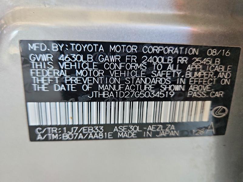 71292556 :رقم المزاد ، JTHBA1D27G5034519 vin ، 2016 Lexus Is مزاد بيع