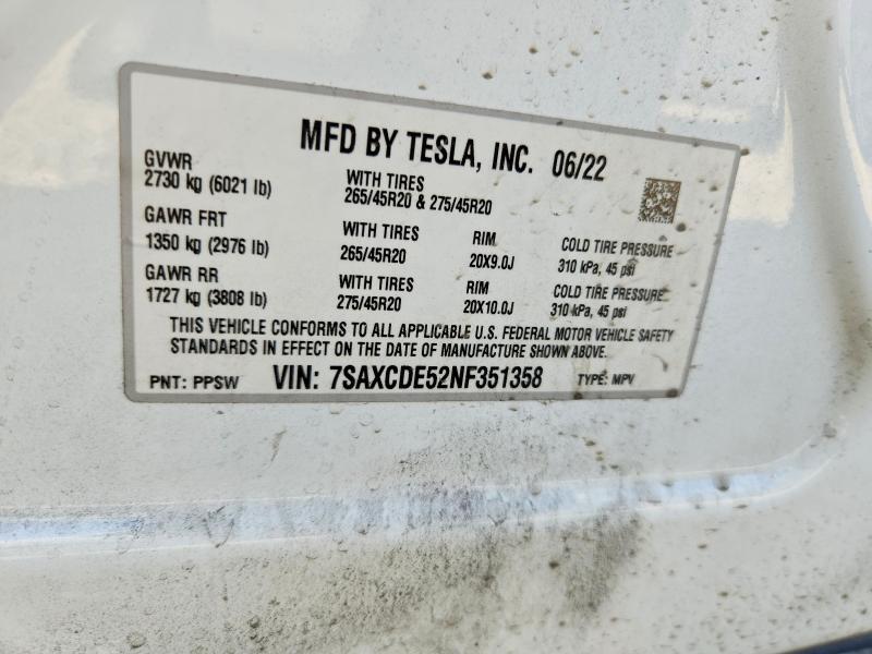 Продажа на аукционе авто 2022 Tesla Model X, vin: 7SAXCDE52NF351358, номер лота: 69346276