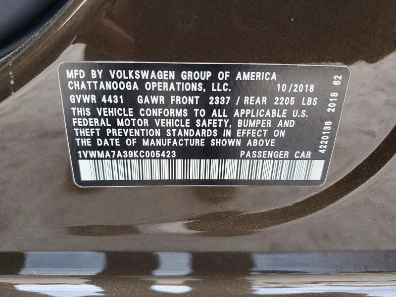 68874296 :رقم المزاد ، 1VWMA7A39KC005423 vin ، 2019 Volkswagen Passat مزاد بيع
