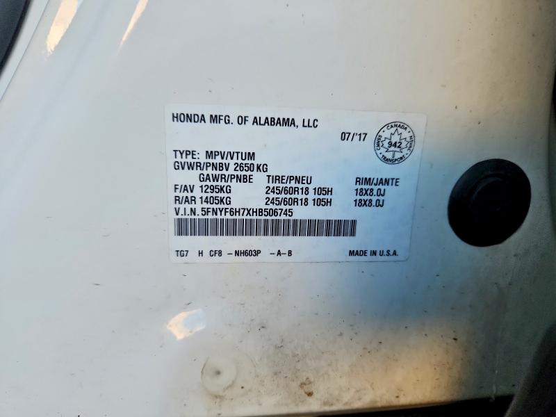 2017 Honda Pilot მანქანა იყიდება აუქციონზე, vin: 5FNYF6H7XHB506745, აუქციონის ნომერი: 65118626