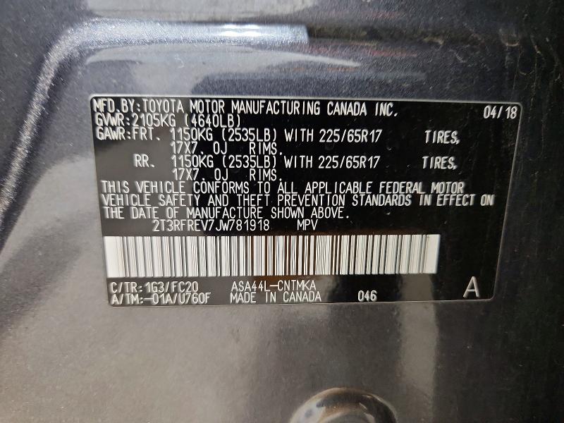 67678646 :رقم المزاد ، 2T3RFREV7JW781918 vin ، 2018 Toyota Rav4 مزاد بيع