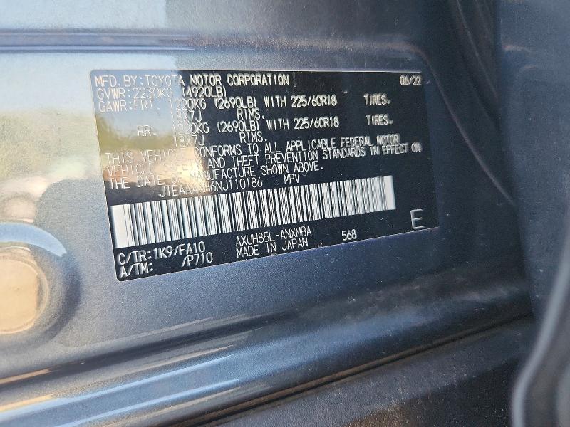 Aukcja sprzedaży 2022 Toyota Venza, vin: JTEAAAAH6NJ110186, numer aukcji: 69433546