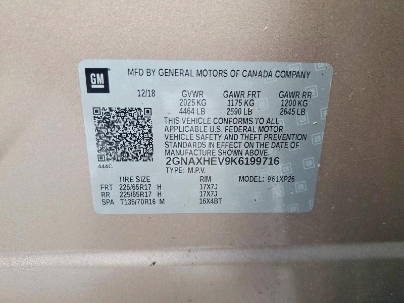 69895616 :رقم المزاد ، 2GNAXHEV9K6199716 vin ، 2019 Chevrolet Equinox مزاد بيع