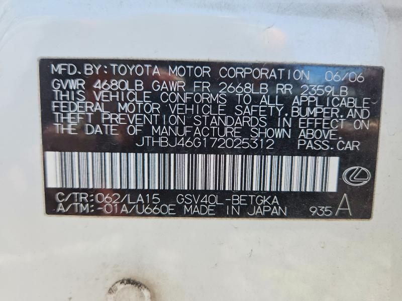 Aukcja sprzedaży 2007 Lexus Es, vin: JTHBJ46G172025312, numer aukcji: 68993356