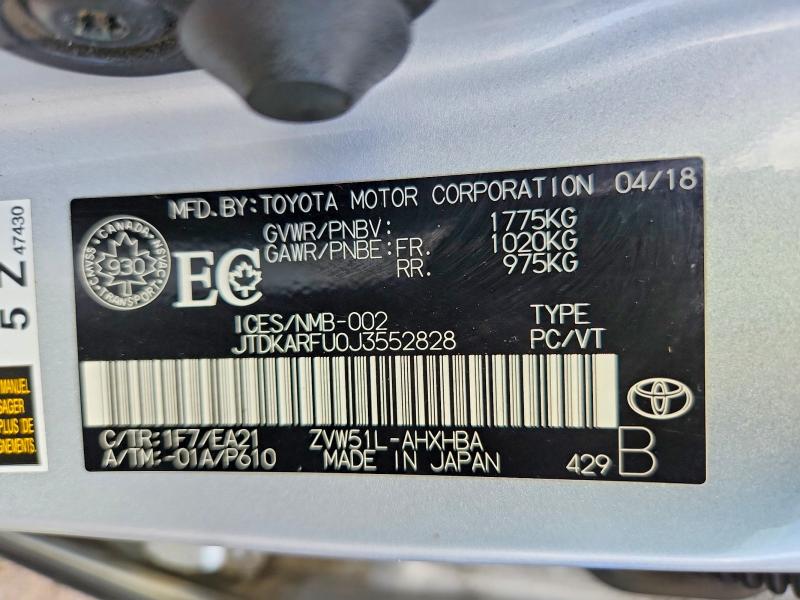Продаж на аукціоні авто 2018 Toyota Prius, vin: JTDKARFU0J3552828, номер лоту: 65114176