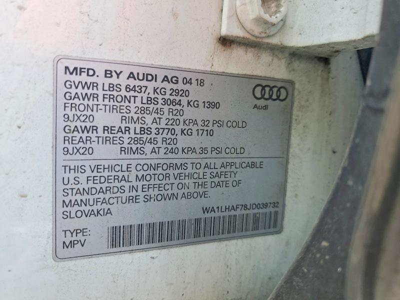 69412626 :رقم المزاد ، WA1LHAF78JD039732 vin ، 2018 Audi Q7 مزاد بيع
