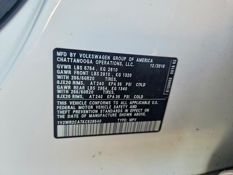 Aukcja sprzedaży 2019 Volkswagen Atlas, vin: 1V2WR2CA7KC528540        , numer aukcji: 68808576