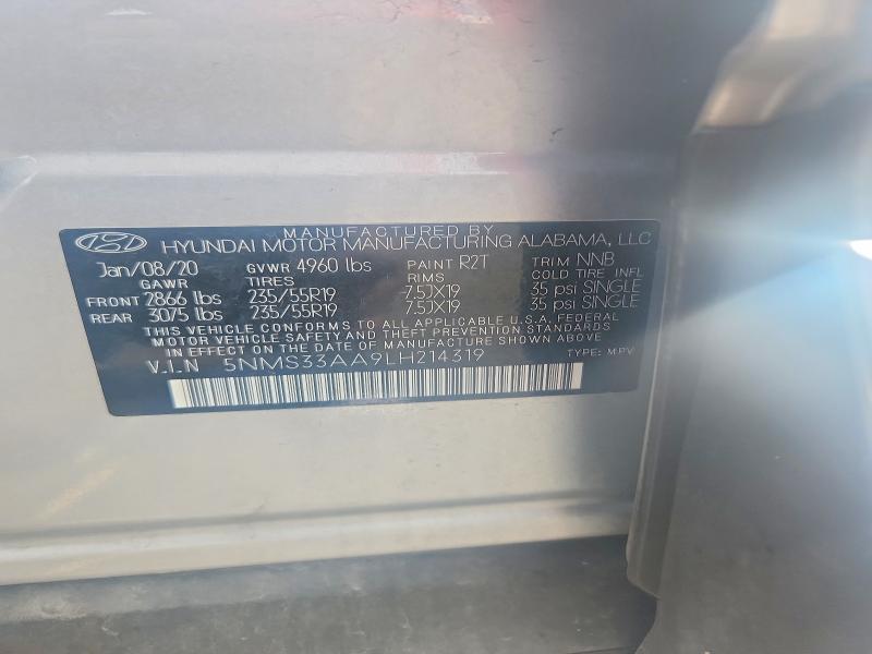 2020 Hyundai Santa Fe მანქანა იყიდება აუქციონზე, vin: 5NMS33AA9LH214319, აუქციონის ნომერი: 69743636