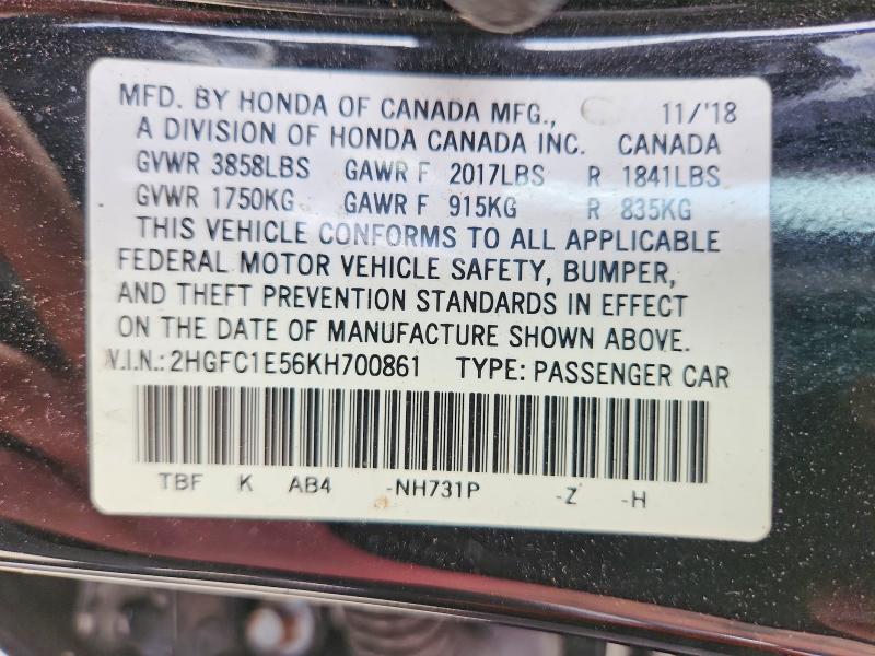 68139216 :رقم المزاد ، 2HGFC1E56KH700861 vin ، 2019 Honda Civic مزاد بيع