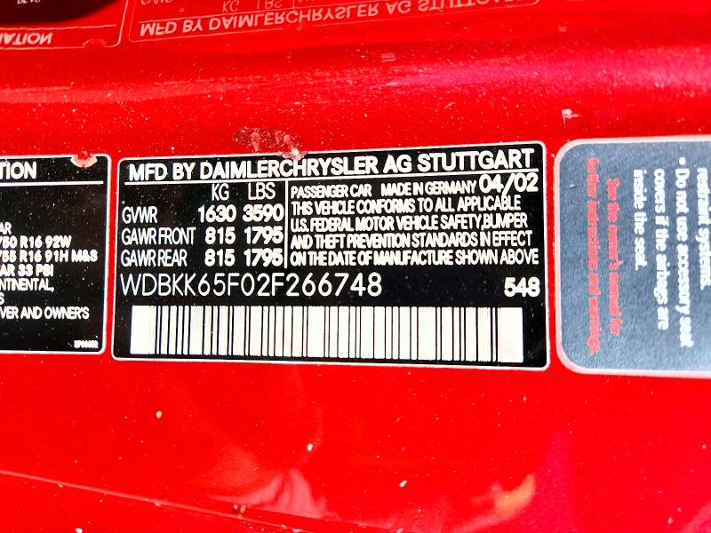 66284716 :رقم المزاد ، WDBKK65F02F266748 vin ، 2002 Mercedes-benz Slk مزاد بيع