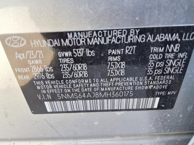 Продажа на аукционе авто 2021 Hyundai Santa Fe, vin: 5NMS64AJ8MH360175, номер лота: 67872436
