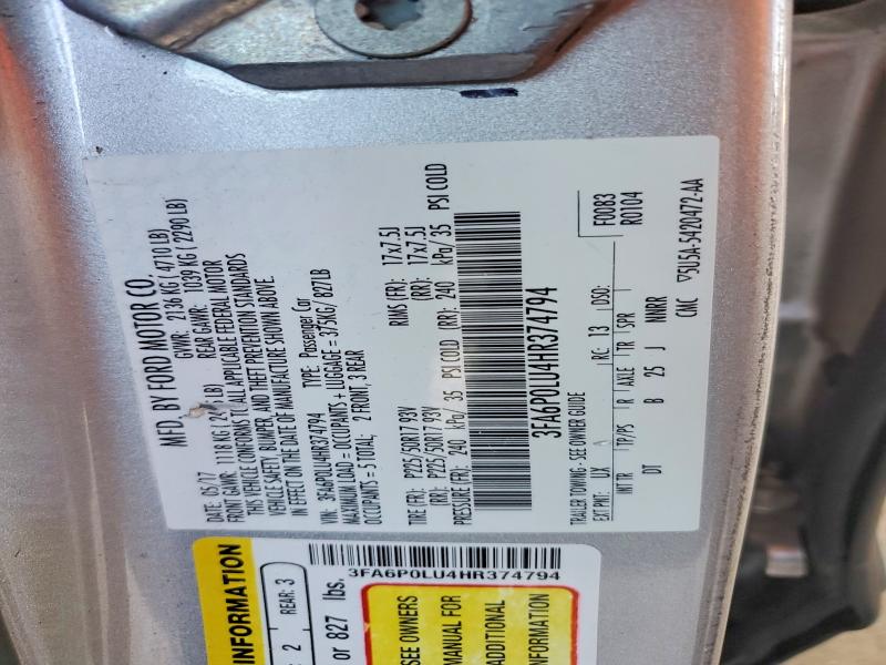Auction sale of the 2017 Ford Fusion, vin: 3FA6P0LU4HR374794, lot number: 70076116