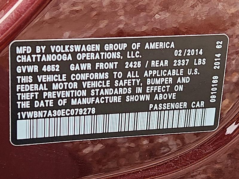 Продажа на аукционе авто 2014 Volkswagen Passat, vin: 1VWBN7A30EC079278, номер лота: 67519686
