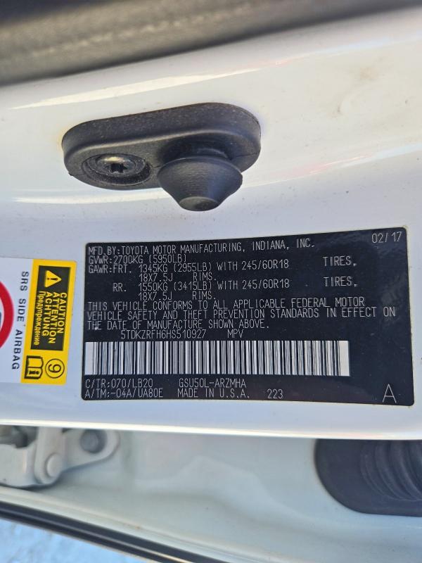 Aukcja sprzedaży 2017 Toyota Highlander, vin: 5TDKZRFH6HS510927, numer aukcji: 71146426