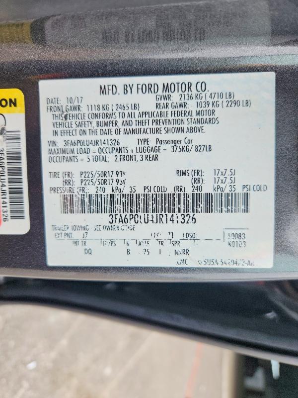 2018 Ford Fusion მანქანა იყიდება აუქციონზე, vin: 3FA6P0LU4JR141326, აუქციონის ნომერი: 70279646