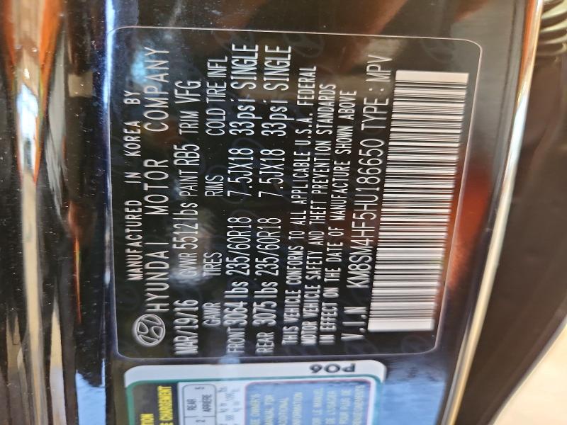 68502586 :رقم المزاد ، KM8SM4HF5HU186650 vin ، 2017 Hyundai Santa Fe مزاد بيع