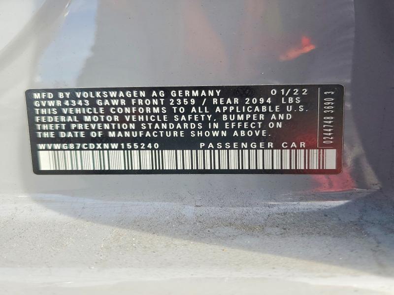 Aukcja sprzedaży 2022 Volkswagen Gti, vin: WVWG87CDXNW155240, numer aukcji: 69965266