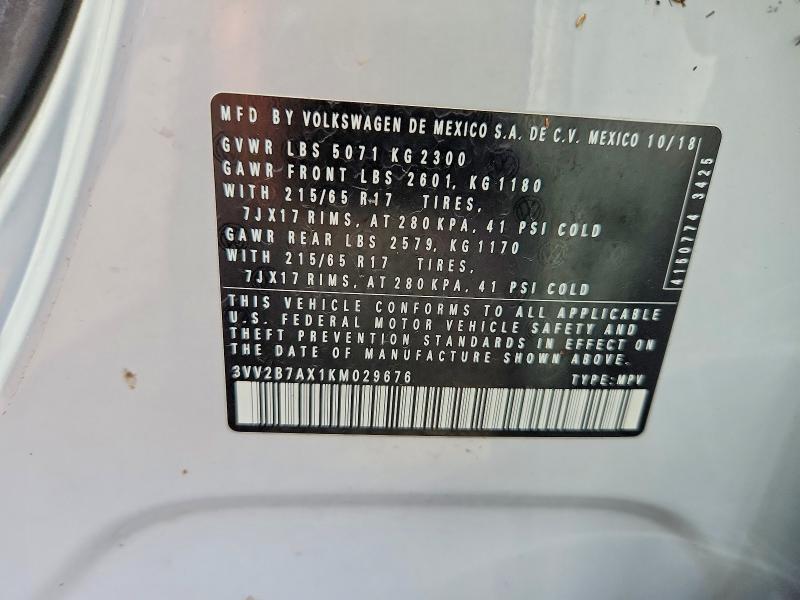 69757676 :رقم المزاد ، 3VV2B7AX1KM029676 vin ، 2019 Volkswagen Tiguan مزاد بيع