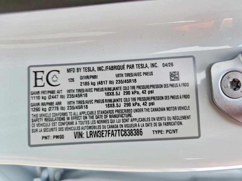 Продаж на аукціоні авто 2026 Tesla Model 3, vin: LRW3E7FA7TC838386, номер лоту: 70471966