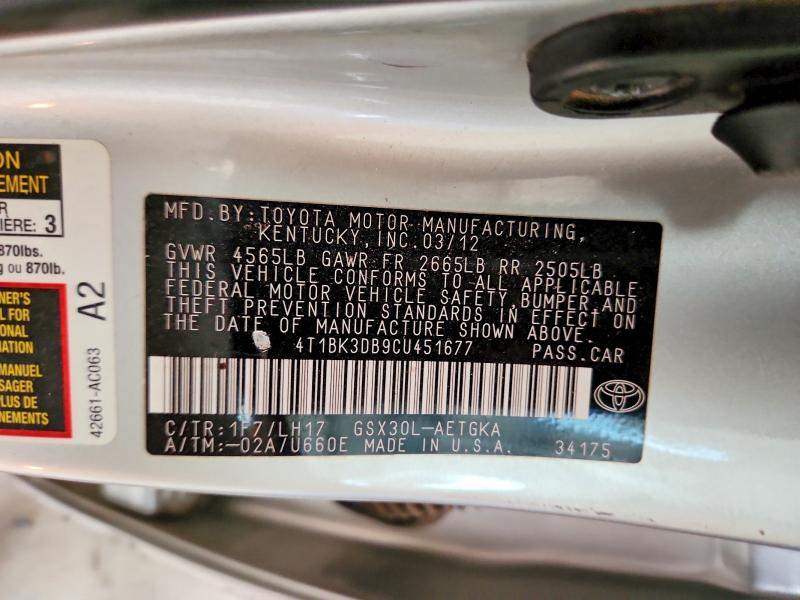 2012 Toyota Avalon მანქანა იყიდება აუქციონზე, vin: 4T1BK3DB9CU451677, აუქციონის ნომერი: 69233396