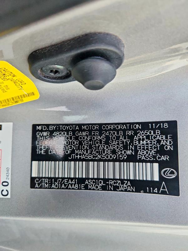 2019 Lexus Rc მანქანა იყიდება აუქციონზე, vin: JTHHA5BC2K5009159, აუქციონის ნომერი: 70253876