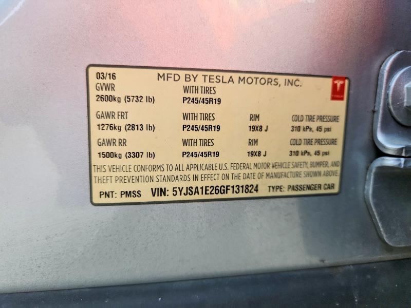 2016 Tesla Model S მანქანა იყიდება აუქციონზე, vin: 5YJSA1E26GF131824, აუქციონის ნომერი: 69651906