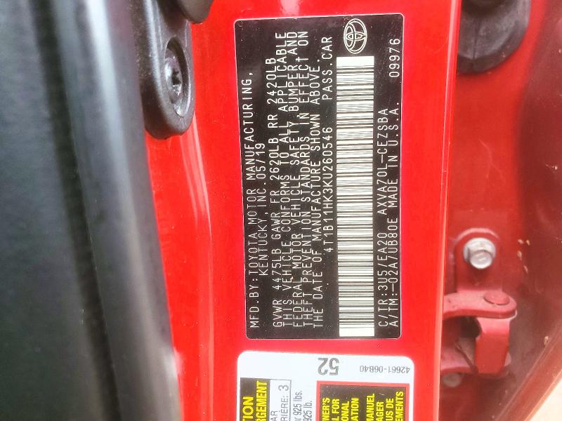 Aukcja sprzedaży 2019 Toyota Camry, vin: 4T1B11HK3KU260546, numer aukcji: 69370936