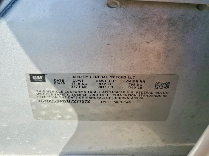 2016 Chevrolet Cruze მანქანა იყიდება აუქციონზე, vin: 1G1BC5SM2G7277272, აუქციონის ნომერი: 69983636