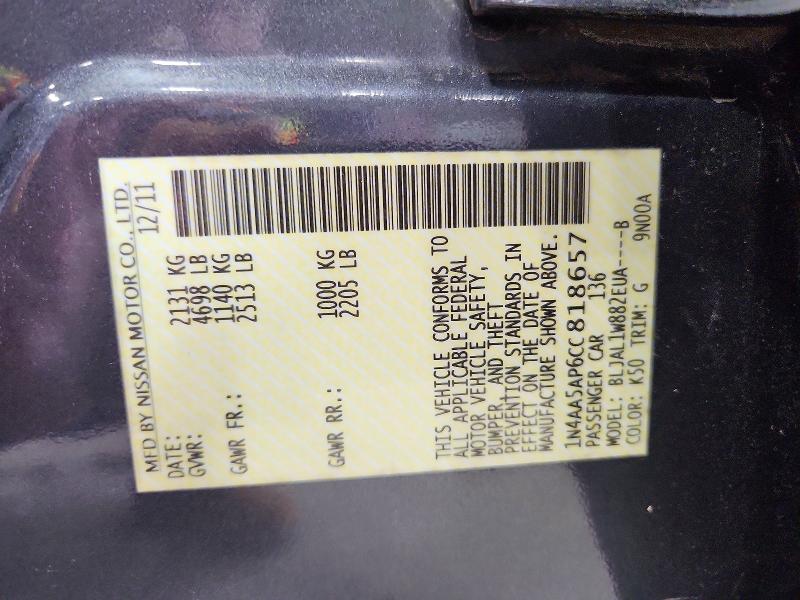 68744736 :رقم المزاد ، 1N4AA5AP6CC818657 vin ، 2012 Nissan Maxima مزاد بيع