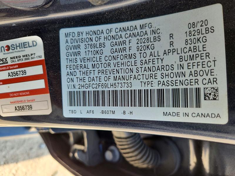 2020 Honda Civic მანქანა იყიდება აუქციონზე, vin: 2HGFC2F69LH573733, აუქციონის ნომერი: 64278486