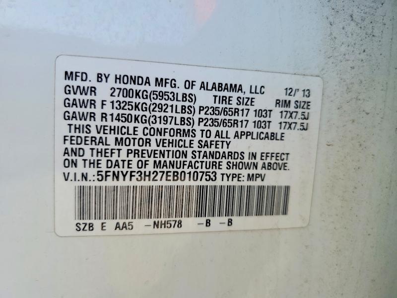 2014 Honda Pilot მანქანა იყიდება აუქციონზე, vin: 5FNYF3H27EB010753, აუქციონის ნომერი: 69094136