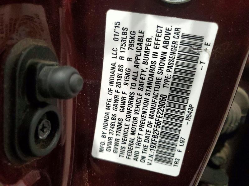 2015 Honda Civic მანქანა იყიდება აუქციონზე, vin: 19XFB2F56FE229060, აუქციონის ნომერი: 70036276