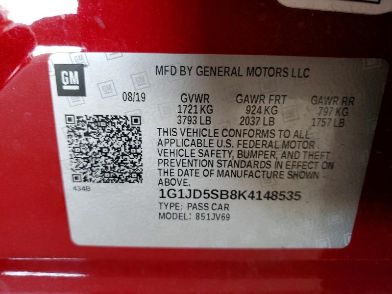 70196326 :رقم المزاد ، 1G1JD5SB8K4148535 vin ، 2019 Chevrolet Sonic مزاد بيع