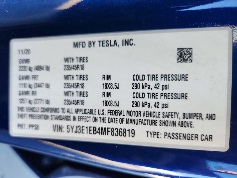 Продаж на аукціоні авто 2021 Tesla Model 3, vin: 5YJ3E1EB4MF836819, номер лоту: 69765166