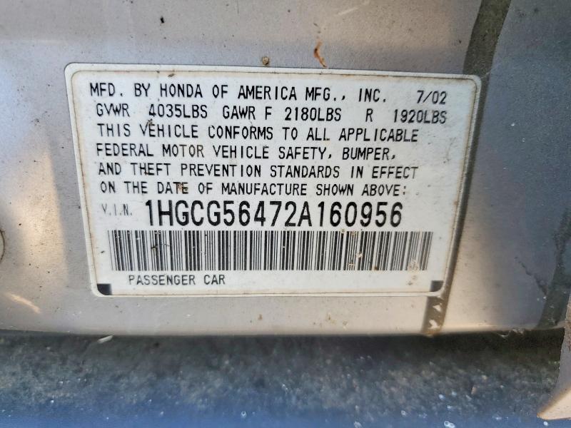 Aukcja sprzedaży 2002 Honda Accord, vin: 1HGCG56472A160956, numer aukcji: 68429566