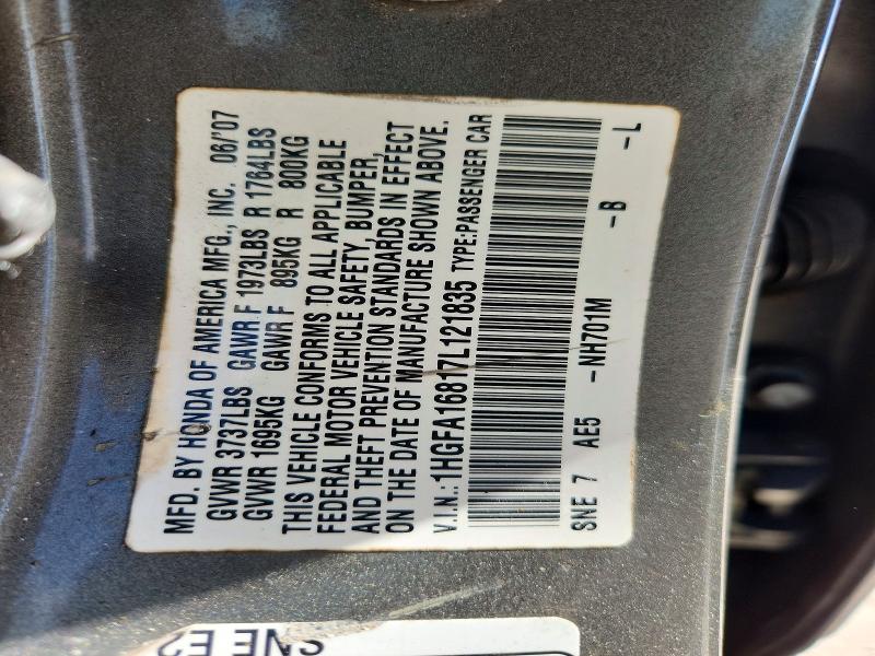 2007 Honda Civic მანქანა იყიდება აუქციონზე, vin: 1HGFA16817L121835, აუქციონის ნომერი: 70980776