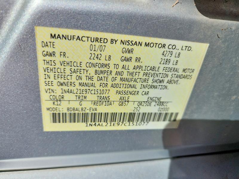 Aukcja sprzedaży 2007 Nissan Altima, vin: 1N4AL21E97C151077, numer aukcji: 69569476