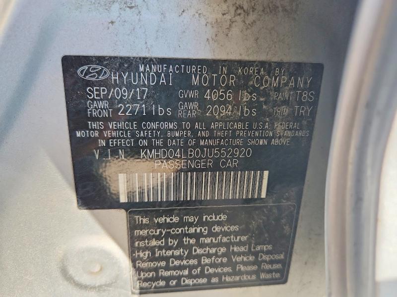2018 Hyundai Elantra მანქანა იყიდება აუქციონზე, vin: KMHD04LB0JU552920, აუქციონის ნომერი: 67631476