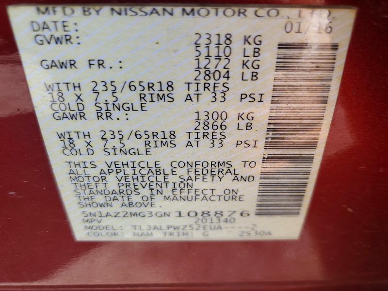 Продажа на аукционе авто 2016 Nissan Murano, vin: 5N1AZ2MG3GN108876, номер лота: 68111496