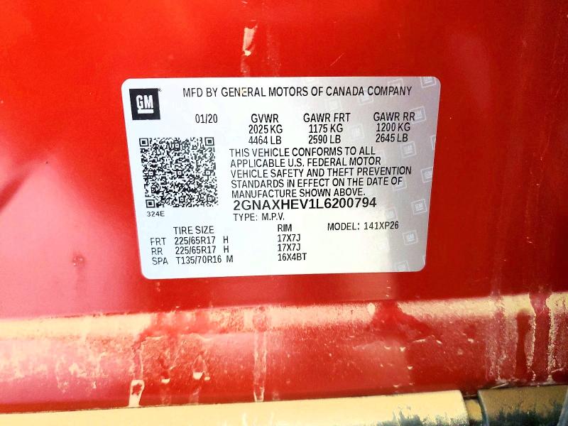 2020 Chevrolet Equinox მანქანა იყიდება აუქციონზე, vin: 2GNAXHEV1L6200794, აუქციონის ნომერი: 68223756