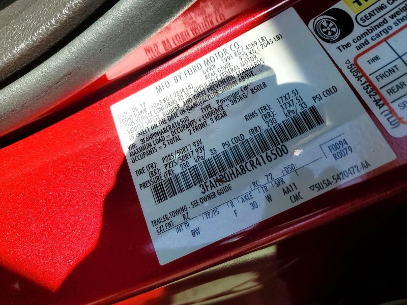 2012 Ford Fusion მანქანა იყიდება აუქციონზე, vin: 3FAHP0HA8CR416500, აუქციონის ნომერი: 69291186