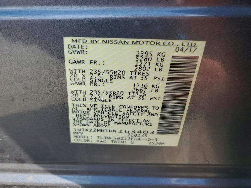 69286166 :رقم المزاد ، 5N1AZ2MH1HN163403 vin ، 2017 Nissan Murano مزاد بيع