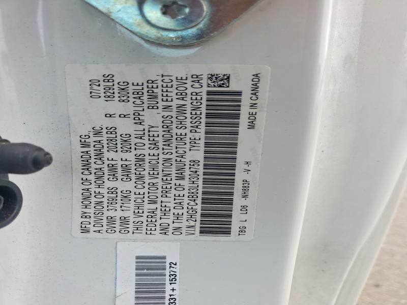 2020 Honda Civic მანქანა იყიდება აუქციონზე, vin: 2HGFC4B83LH304758, აუქციონის ნომერი: 69138686