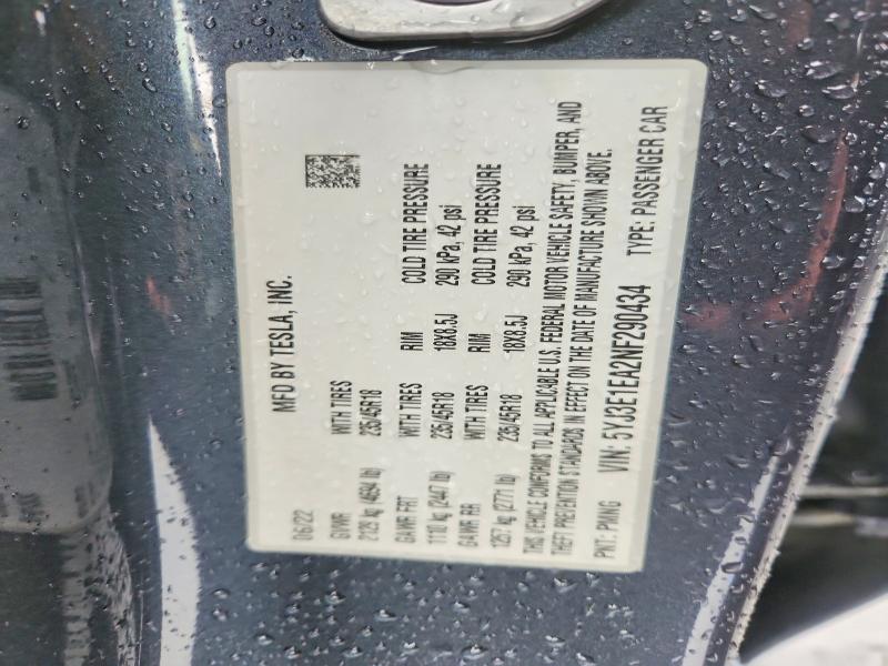 2022 Tesla Model 3 მანქანა იყიდება აუქციონზე, vin: 5YJ3E1EA2NF290434, აუქციონის ნომერი: 67842706