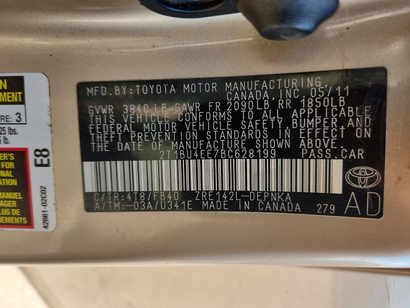 70431206 :رقم المزاد ، 2T1BU4EE7BC628199 vin ، 2011 Toyota Corolla مزاد بيع